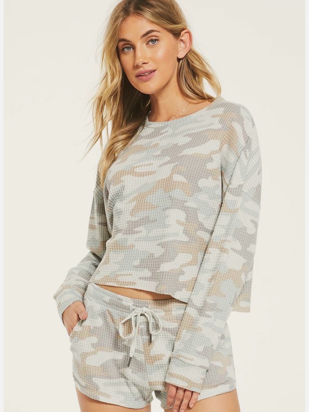 Waffle Knit Camo Long Sleeve Top